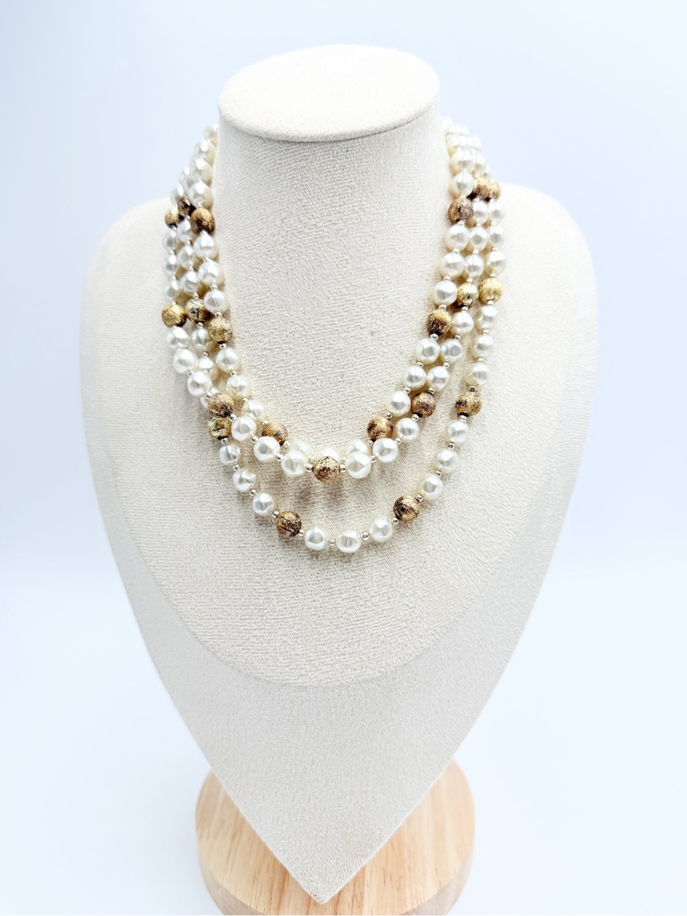 Vintage Japan Triple Strand Faux Pearl & Gold Bead Statement Necklace